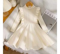 Robe en tricot style français doux pour jeunes filles, en tissu tricoté doux, col montant avec volant, volant asymétrique faisant écho à la texture du tricot, design manches longues, silhouette cintré