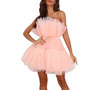 Robe en tulle pour femme - Tutu - Robe d'été sexy - Sans épaules - Robe de fête - Robe de soirée courte - Robe de cocktail - Robe de princesse - Robe de bal en tulle, Rose, XL