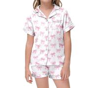 Robe Enfant Fille 4 Ans Rose Pyjama en Satin de Soie avec nœud pour la Saint-Valentin, Ensemble 2 pièces avec Short boutonné et nœud Mignon, vêtements de détente, Robe (White, 10-11 Years)