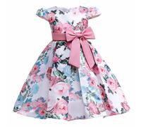 Robe Enfant Fille Bowknot Dress sans Manches d'anniversaire Ceremonie Fête Robes de Filles Princesse Floral Print Robes Filles pour Les Fêtes Formel Anniversaires et Mariages Robe 2-10 Ans