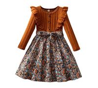 Robe Enfant Fille,Robe D'Automne-Hiver Manches Longues à Volants Imprimé Floral IdéAle Pour Les FêTes Et Les CéLéBrations Tenue éLéGante Pour Les Tout-Petits Et Les Enfants (Brown 4-5 Years)