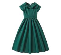 Robe Enfant Fille - Robe D'Été Grande Taille pour Filles Col Fluide Style Rétro Couleur Unie Manches Patchwork Taille Corsetée Jupe Plissée (pour Filles) (Green 11-12 Years)