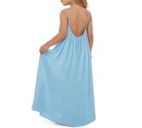 Robe Enfant Fille Y2K sans Manches sans Dos Bretelles Fines Robe de Soleil Longue Uni Fluide A-Ligne Coquette Noué Dos Décontractée Loisirs de Fête Swing Vêtement #07 Bleu Clair 9-10 Ans