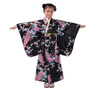 Robe EnfantRobe Kimono Japonais pour Enfant Costume Traditionnel Fille Vêtement de Cérémonie Vestiaire Culturel Élégant et Confortable (Black, 7-8 Years)