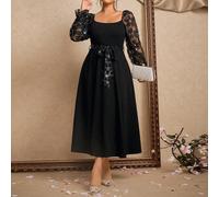 Robe enveloppante en tricot métallisé moucheté doux, avec épaules dénudées, manches courtes, bretelles en ruban, poignets avec ornements de perles, col rond et taille cintrée. Élégante pour les fêtes,