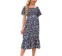 Robe épaule Dénudée Maternité Manche Courte à Volants Fleur Robe mi Longue Grossesse col Carré Ete Grande Taille Ample Enceinte Chic Pas Cher Shooting Photo (Navy, XXL)