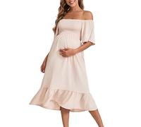 Robe épaule Dénudée Maternité Manche Courte Robe mi Longue Grossesse à Volants Ete Grande Taille Ample Enceinte Chic Pas Cher Shooting Photo (Beige, M)