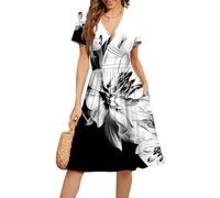 Robe Ete à Manches Courtes pour Femme Chic et Elegant Robes d'été à Col en V Floral Wrap Taille Robe de Plage Fluide Décontractée avec Poches Cadeau de Ma Mère,Gris,XL,f31r