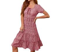 Robe Ete à Manches Courtes pour Femme Chic et Elegant Robes d'été à Col en V Imprimé à Pois Floral Robe de Plage Fluide Décontractée Pas Cher Cadeau Femme,Rose,XXL,f400r