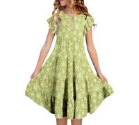 Robe été Enfant Fille 6-15 Ans sans Manches à Volants Imprimé Fleur Robe Ado Fille Chic et Elegant Legere Fluide Fashion Casual Confortable Soirée Vacances Dress (6-7 Ans, Vert #12)