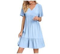 Robe Ete Femme Chic Elegant Col V Manches Courtes BohèMe Tunique Robe Ample A-Line Mi-Longue Dress Grande Taille DéContractéE Robes Couleur Unie Taille Haute Robes pour FêTer Vacances Plage