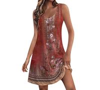 Robe Été Femme Chic Mini Robe de Plage Tunique D Ete Casual Boheme Col V Courte Bohème D'Été Droite Ample Fleurie Fluide Décontractée pour Femme Oversize Robes Femmes D Été Grande Taille Rouge 3XL