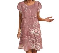 Robe Ete Femme Col Rond, Robe Boheme Femme Manches Courtes Impression 3D Mi-Longue à Volants Superposés Léger Respirant Grande Taille Élégante Décontracté Fluide Classiques Plage Dress