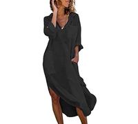 Robe Ete Femme Coton en Lin, Robe Longue Femme Manches Longues à Fente Col en V Bouton De Couleur Unie De La Jupe De Chemise DéContractéE des Poches Sexy éLéGants Fluide Boheme