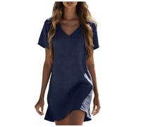 Robe Été Femme Coton et Lin Midi Droite Trapèze Fluide Ample Col V Manches Courtes Chic et Élégante Légère Plage Décontractée Couleur Unie Swing Robes pour Les Vacances à Plage (Bleu foncé, XXXL)