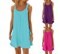 robe ete femme courte à bretelles larges fluide robe de plage sans manches chic et elegant ample qui cache le ventre ronde mini robes femmes d été soldes couleur unie casual summer dress (Blue, L)