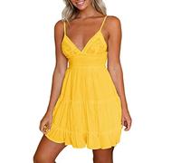 robe ete femme courte fine bretelles robe sexy femme chic decollete col v robe dos nu femme soiree robe boheme femme mariage invité dentelle mini robe trapeze femme cocktail sans (Yellow, XXL)