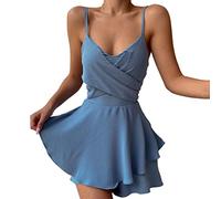 robe ete femme courte fluide fine bretelles robe boheme chic mariage invité cocktail mini robe de plage femme dos nu sans manches unie robe asymétrique femme chic et elegant vacances (Blue, S)