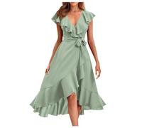 Robe Été Femme Élégante et Chic Robe mi-longue portefeuille pour femmes, style Boho décontracté, col en V profond, manches courtes, ourlet à volants, robes longues de plage fendues (Green, M)