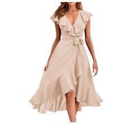 Robe Été Femme Élégante et Chic Robe mi-longue portefeuille pour femmes, style Boho décontracté, col en V profond, manches courtes, ourlet à volants, robes longues de plage fendues (Beige, L)