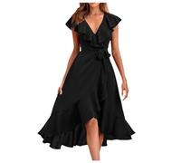 Robe Été Femme Élégante et Chic Robe mi-longue portefeuille pour femmes, style Boho décontracté, col en V profond, manches courtes, ourlet à volants, robes longues de plage fendues (Black, M)