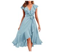 Robe Été Femme Élégante et Chic Robe mi-longue portefeuille pour femmes, style Boho décontracté, col en V profond, manches courtes, ourlet à volants, robes longues de plage fendues (Blue, S)