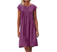 Robe Ete Femme en Lin Mi Longue Plissée T-Shirt Robe de Travail Chic et Elegant Décontractée Couleur Unie Manche Courte Jupe Vêtements Femme Cotton en Line Chemise Robes De Soleil
