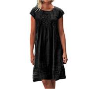 Robe Ete Femme en Lin Mi Longue Plissée T-Shirt Robe de Travail Chic et Elegant Décontractée Couleur Unie Manche Courte Jupe Vêtements Femme Cotton en Line Chemise Robes De Soleil