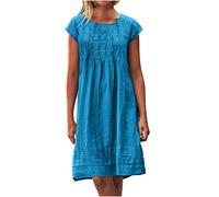 Robe Ete Femme en Lin Mi Longue Plissée T-Shirt Robe de Travail Chic et Elegant Décontractée Couleur Unie Manche Courte Jupe Vêtements Femme Cotton en Line Chemise Robes De Soleil