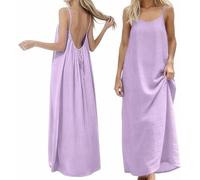 Robe Été Femme Fluide Longue, Robe Dos Nu Ajustable, Robe Bohème Chic en Lin pour Plage, Soirée, Vacances - Jolie Robe Légère sans Manches
