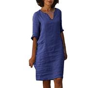 Robe Ete Femme Lin Coton Femme - d’été décontractée en Lin avec col en V et Manches Courtes Coupe trapèze mi-Longue Robe Tunique Couleur Unie Uni Boheme De Plage