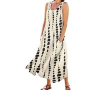 Robe Ete Femme Lin Midi Trapeze Tunique De Plage Fluide Longue Été en Coton D Hotesse Interieur Robes Grande Taille Ample Chemise Chemisier Boheme Chic Mi-Longue Fleurie pour Gaze Mi Vetement XXL