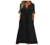 Robe Ete Femme Manches Courtes- Robe De Plage Col en V Couleurs Pures Décontractée De Travail Chic Et Elegant Ample Comfortable Mi Longue Classiques Léger Tous Les Jours Streetwear Pas Cher