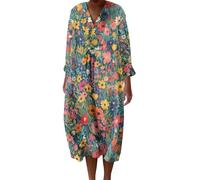 Robe Ete Femme Mi Longue Fluide Chic et Elegant Chemise Robes Manches Longues Ample Casuel A-Line Imprimé Fleur Robes Col V Ronde Bohème Robe De Soiree Femme Vintage Dress pour Fête Travail