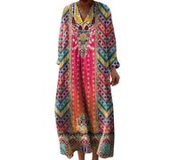 Robe Ete Femme Mi Longue Fluide Chic et Elegant Chemise Robes Manches Longues Ample Casuel A-Line Imprimé Fleur Robes Col V Ronde Bohème Robe De Soiree Femme Vintage Dress pour Fête Travail