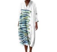 Robe Ete Femme Mi Longue Fluide Coton Chemise Robes Manches Longues Ample Casuel A-Line Imprimé Fleur Robes Col V Ronde Bohème Robe De Soiree Femme Vintage Dress pour Fête Travail