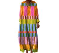 Robe Ete Femme Mi Longue Fluide Coton Chemise Robes Manches Longues Ample Casuel A-Line Imprimé Fleur Robes Col V Ronde Bohème Robe De Soiree Femme Vintage Dress pour Fête Travail