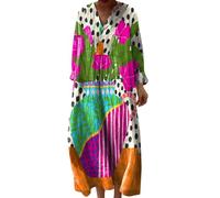 Robe Ete Femme Mi Longue Fluide Coton Chemise Robes Manches Longues Ample Casuel A-Line Imprimé Fleur Robes Col V Ronde Bohème Robe De Soiree Femme Vintage Dress pour Fête Travail