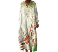 Robe Ete Femme Mi Longue Fluide Coton Chemise Robes Manches Longues Ample Casuel A-Line Imprimé Fleur Robes Col V Ronde Bohème Robe De Soiree Femme Vintage Dress pour Fête Travail