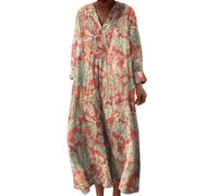 Robe Ete Femme Mi Longue Fluide Coton Chemise Robes Manches Longues Ample Casuel A-Line Imprimé Fleur Robes Col V Ronde Bohème Robe De Soiree Femme Vintage Dress pour Fête Travail