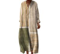 Robe Ete Femme Mi Longue Fluide Coton Chemise Robes Manches Longues Ample Casuel A-Line Imprimé Fleur Robes Col V Ronde Bohème Robe De Soiree Femme Vintage Dress pour Fête Travail1