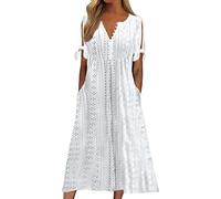 Robe Ete Femme Mi Longue Fluide Gaze De Coton Tunique Grande Taille Chic Et Elegant Courte Fleurie Robes Femmes D Été En Lin Boheme Made In Italy Tailleur Qui Cache Le Ventre Trapeze,Blanc-A,XXL
