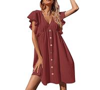 Robe Ete Femme Mi Longue Fluide, Robe De Plage Femme Col en V Décontractée Plissée Et Boutons Grande Taille Chic Et Elegant Volants Ample Comfortable Classiques De Tous Les Jours Streetwear Dress