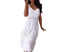 robe ete femme mi longue fluide sans manches robe de plage femme bretelles dentelle florale broderie robe boheme chic mariage invité femme dos nu col v midi robe vintage cocktaile pas (White, L)