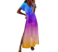Robe Ete Femme Mi Longue Manche Courte Chic et Elegant Ete Robe Rayée Fluide Robe de Plage Grande Taille Col en V Manche Courte Robe Casual avec Ceinture Sexy Robe de Soirée Robe Bleu Marine Mariage