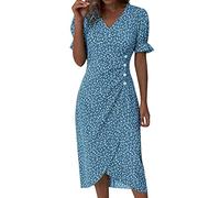 Robe ete Femme mi Longue Robes Boheme Chic Mariage invité Femme Manche Courte Volants Robe de Plage Femmes Sexy col v Casual midi Robes Portefeuille Femmes Cache Coeur cintrée asymétrique