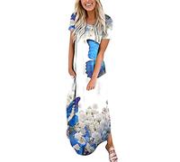 Robe Ete Femme Mi Longue sans Manche Col V Robe Droite Fluide Manches 3/4 Robe Mi Longue Chemise Tunique Bohème A-Line Robe Volant Sexy Chic Rétro Robe de Plage Cocktail Robe de Ceremonie Femme