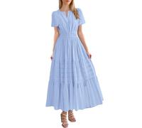 Robe Ete Femme Midi Col V Boheme avec Poches Manches à Volants Coton Robes De Plage Chic et Elegant Longueur Genou Décontracté Casual Basic Dresses for Women Pas Cher Solde (2B Bleu Clair,M)