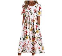Robe Ete Femme, Robe Mi Longue, Chic Ample Elegante Bohème Fourreau Fluide Mode Femme Ete 2026, Été Tunique Vintage Mode Élégante Col Ronde Manches Courtes Decontractée Elegant Western Dress, M