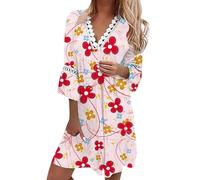 Robe éTé-Femmes éTé Style Ethnique Dentelle Garniture Col en V Impression Florale Trois Manches BalançOire Robe BohèMe Mini Robe